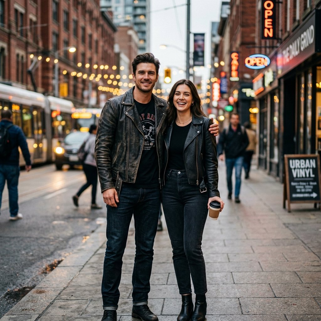 Customer wearing leather jacket in urban setting