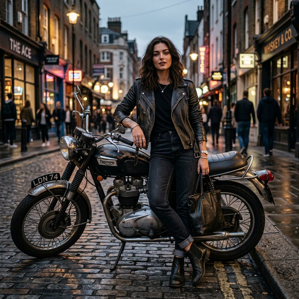 Woman on motorcycle in leather jacket